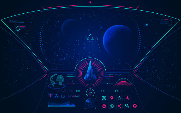 spaceship mode graphic of spaceship user interface with galaxy view spaceship stock illustrations