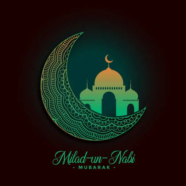 Vector illustration of milad un nabi wishes card design with mosque and moon