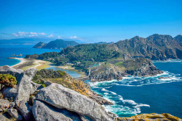 Cies Islands, Vigo, Spain. Vigo estuarys greatest treasure. Galicia. Island connected by beach Playa de Rodas. galicia stock pictures, royalty-free photos & images