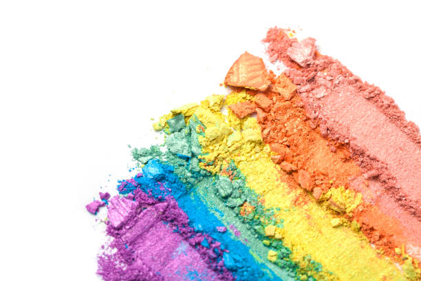 A broken rainbow colored eye shadow smear, make up palette isolated on a white background.