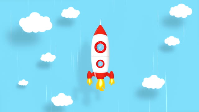 4K Cartoon rocket ship flying on blue background. Loopable Animation. Alpha Luma Matte included.