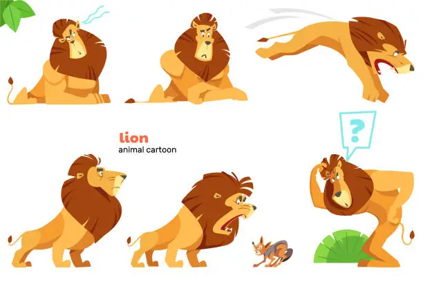 Vector illustration of Lion. Set of cute lion character with different action poses, isolated on white background
