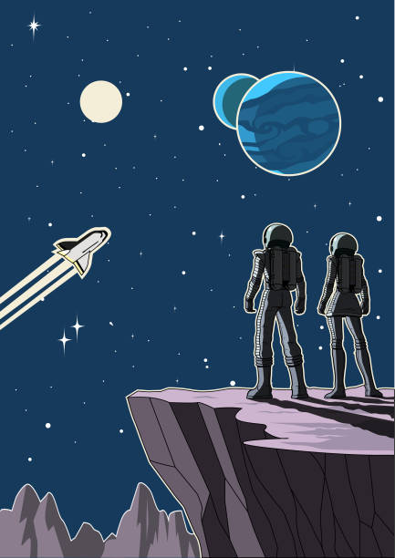 Vector Retro Astronaut Couple on a Planet Illustration A retro cartoon style vector illustration of a couple of astronauts standing on a cliff on a planet while looking at vast outer space with sun and planets in the background. rocketship silhouettes stock illustrations