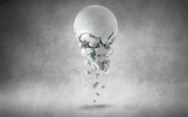 Damaged sphere hovering against light gray grungy background
