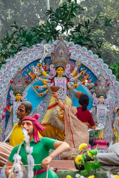 Photo of Goddess Kali during Durga Puja at a pandal display in New Delhi, India