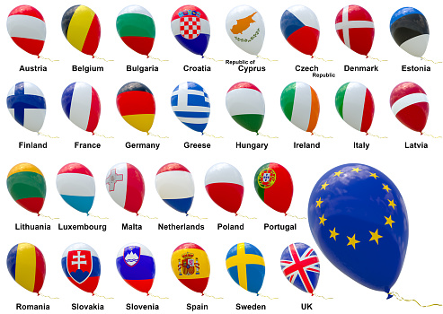 A set of isolated 3D images of balloons with images of flags of EU member states are presented in alphabetical order. Flags of EU member states. 3D rendering, illustration.