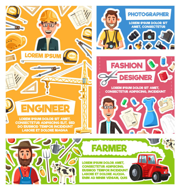 Engineer, photographer, farmer, fashion designer Professions and occupations of building engineer, farmer, photographer and fashion designer vector design. Man workers of construction, craft and agriculture industry with work tool and equipment clothing design studio stock illustrations