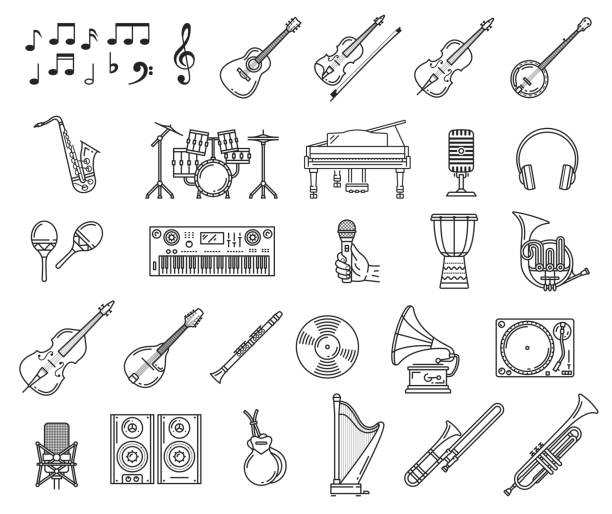 illustrazioni stock, clip art, cartoni animati e icone di tendenza di icone musicali di pianoforte, chitarra, microfono, note - glass tube