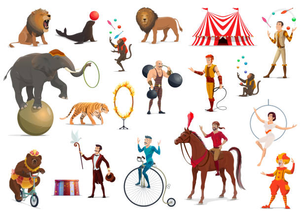 ilustrações de stock, clip art, desenhos animados e ícones de circus acrobat, clown, trained animals, magician - juggling