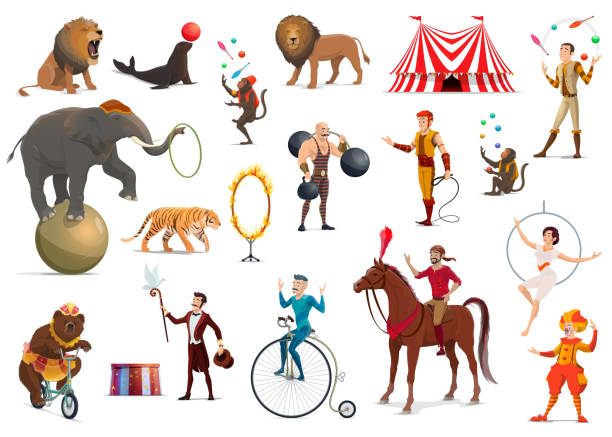 Circus acrobat, clown, trained animals, magician Circus performers and carnival top tent artists vector design. Cartoon clown, acrobat and strongman, trained elephant animal, lion and horse, juggler, magician and trapeze girl, juggling monkey, tamer circus performer stock illustrations