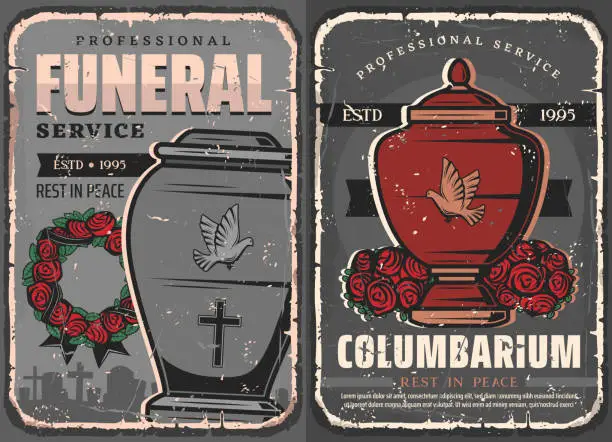 Vector illustration of Funeral service urns, cemetery tomstones, wreath