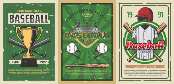 piłki sportowe baseballowe, nietoperze, puchar trofeum, boisko do gry - home run stock illustrations
