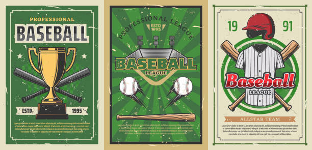 Baseball sport balls, bats, trophy cup, play field Baseball sport stadium field with vector balls, bats and winner trophy cup, player uniform jersey shirt and pitcher helmet. Baseball championship match retro posters, sporting competition themes baseball batter swinging stock illustrations