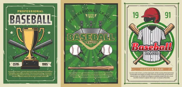 Vector illustration of Baseball sport balls, bats, trophy cup, play field