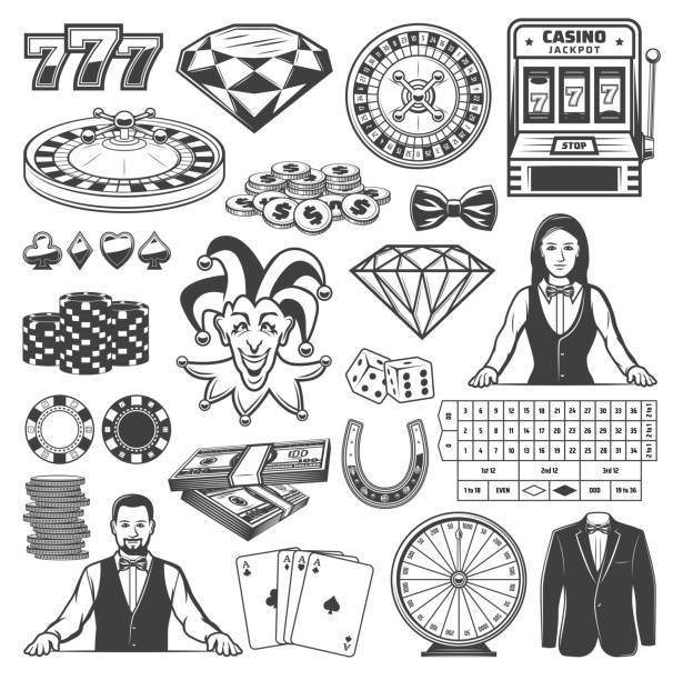 illustrazioni stock, clip art, cartoni animati e icone di tendenza di roulette del casinò, dadi di gioco d'azzardo, fiches, carte - cards poker gambling chip dice