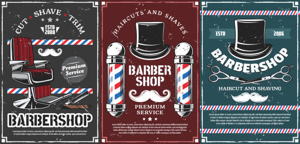 Barbershop poles, hairdresser chair and mustache Barbershop vector design of men haircut, beard and mustache shave saloon. Retro poles of barber shop, hairdresser chair and open razor blade, scissors, vintage top hats and moustaches hair posters for salon stock illustrations