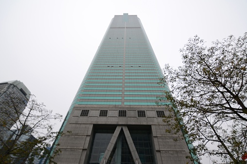 The Shun Hing Square building directly below view, a 384-metre-tall skyscraper in Shenzhen. It's is the tallest all-steel building in China. Guangdong province