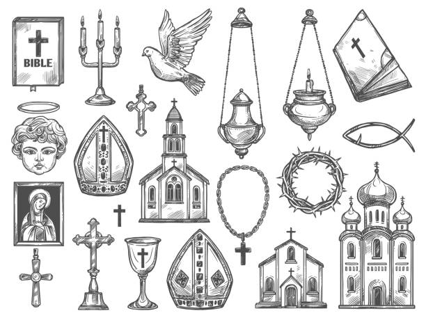 Christian religion church, bible, God icon, cross Christian religion symbols and church supplies sketches. Vector catholic temples, bible and God icon, Jesus Christ crucifix and cross, orthodox monastery, angel with halo and candle, dove, thorn crown religious cross illustrations stock illustrations