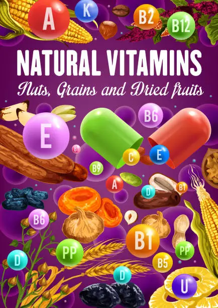 Vector illustration of Vitamins in dried fruit, cereal, nuts. Health food