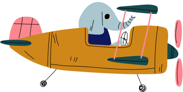 Elephant Pilot Flying on Retro Plane in the Sky, Cute Animal Character Piloting Airplane Vector Illustration on White Background.