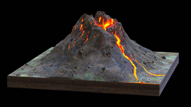 istock volcano erupts lava, cross section model isolated on black background 1177617591