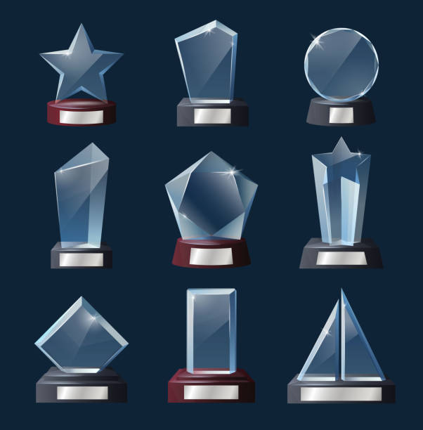стеклянные трофеи, награды, призы. хрустальные кубки победы - award trophy glass crystal stock illustrations
