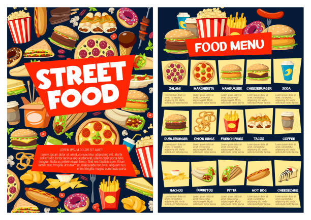 Fast food meal menu with burger, pizza, drinks Fast food restaurant vector menu with burger sandwiches, drinks and desserts. Pizza, hamburger and soda, hot dog, fries and coffee, cheeseburger, mexican tacos and burritos price list template nuggets heat stock illustrations