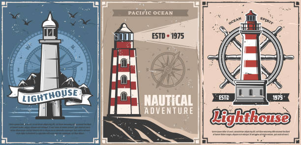 морские маяки, компасы и морской руль - lighthouse storm sea panoramic stock illustrations