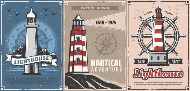 Vector illustration of Nautical lighthouses, compasses and marine helm