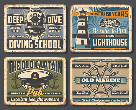 Nautical anchors, sea ship helm and marine lighthouse, sailing boat and vintage diving helmet vector design. Rusty metal signboards of seafood restaurant, marine club, pub and diving school