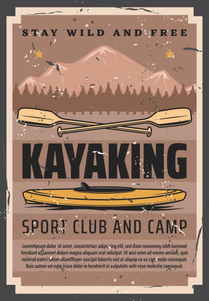Kayak sport club and camp retro design of vector canoe boat and paddles with river, mountains and forest trees landscape on background. Rafting, kayaking and canoeing, outdoor adventure themes