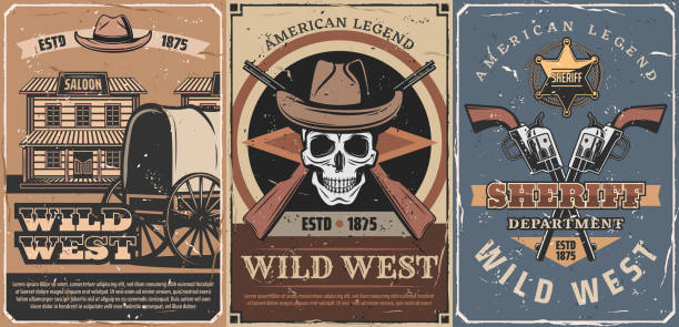 illustrazioni stock, clip art, cartoni animati e icone di tendenza di teschio da cowboy wild west, pistole da sceriffo, stella, saloon - rifle gun old wild west