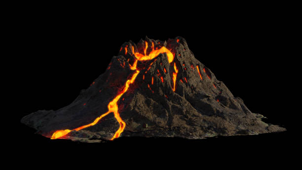 istock volcano eruption, lava coming down a mountain, isolated on black background 1177618508