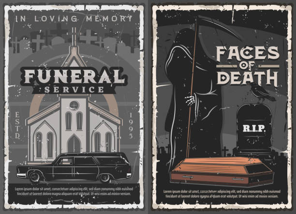 illustrazioni stock, clip art, cartoni animati e icone di tendenza di servizio funebre bara, cimitero, morte e chiesa - graveside service