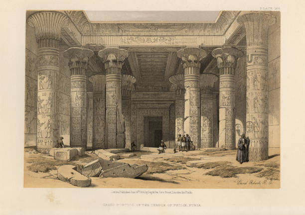 Ancient Egyptian Architecture, Grand Portico of Temple of Philae, Nubia Vintage engraving of Grand Portico of the Temple of Philae, Nubia. David Roberts, The Holy Land, Syria, Idumea, Arabia, Egypt and Nubia. ancient egyptian art stock illustrations