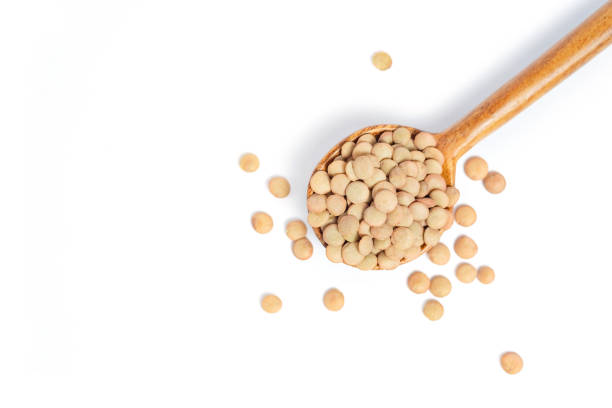 Lentil on wooden spoon with white background stock photo