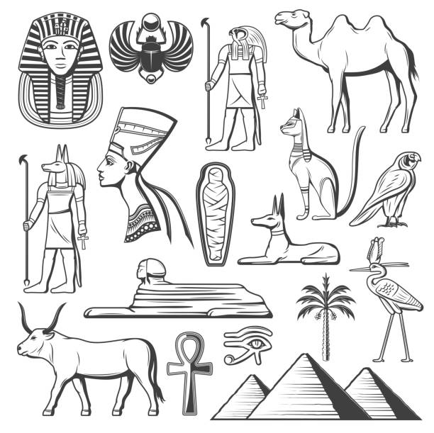 ilustrações de stock, clip art, desenhos animados e ícones de ancient egyptian pharaoh, mummy, pyramids, sphinx - chinese temple dog