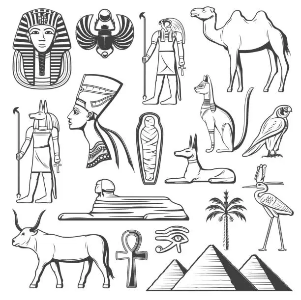 Vector illustration of Ancient Egyptian pharaoh, mummy, pyramids, Sphinx
