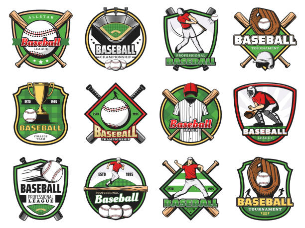 illustrazioni stock, clip art, cartoni animati e icone di tendenza di palle sportive da baseball, pipistrelli, giocatori, campo da stadio - baseballs baseball stadium athlete