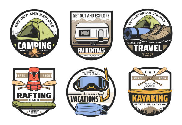 Camping tent, boots, boat, rv and kayak. Travel Mountain camping, summer vacation adventure and travel, rafting and kayaking sport club vector icons. Camp tent, hiking boots and tourist equipment, campfire, boat, kayak and paddles retro badges rafting kayak kayaking river stock illustrations