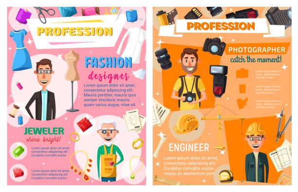Engineer, tailor, jeweler, photographer profession Photographer, fashion designer or tailor, construction engineer or architect and jeweler, profession and occupation vector design. Cartoon men with photography, building, sewing equipment and jewelry clothing design studio stock illustrations