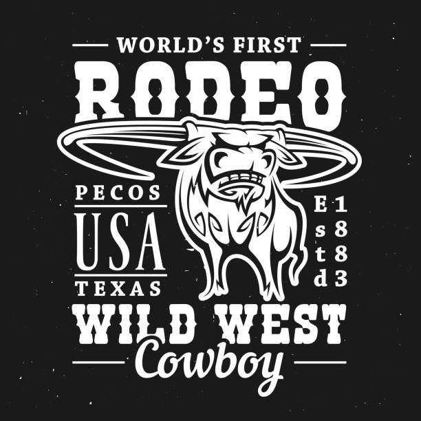 rodeo-bulle mit wild-west-schriftzug. t-shirt-druck - rodeo bull bull riding cowboy stock-grafiken, -clipart, -cartoons und -symbole