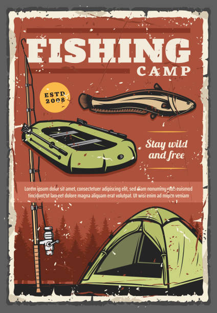 ilustrações, clipart, desenhos animados e ícones de vara de pesca, peixes, barco do pescador e barraca do turista - catfish fish fishing fishing hook