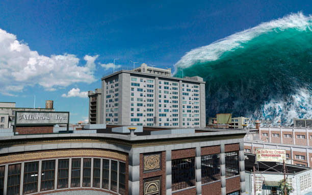 istock Tsunami wave apocalyptic water view urban flood Storm. 3D illustration 1177623942