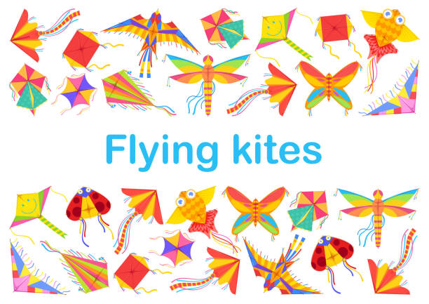 Flying kites kids summer game or summer festival. Vector cartoon kids of different shapes, ladybug and bird, butterfly and dragonfly, square origami fish, holiday leisure entertainment