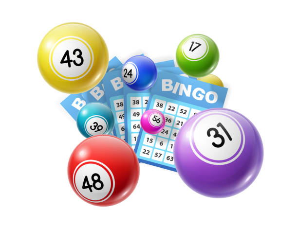 Bingo lottery balls and lotto cards lucky numbers Bingo lotto game balls and lottery cards with lucky numbers. Vector poster for bingo lottery tv show backdrop and lotto win tickets store, gmabling and win chance bingo equipment stock illustrations