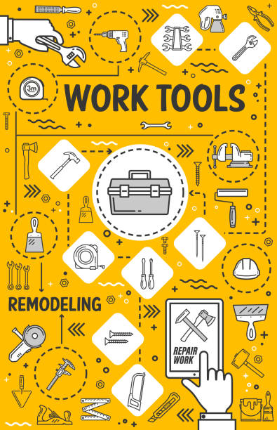 illustrazioni stock, clip art, cartoni animati e icone di tendenza di strumenti a mano per la riparazione, il rimodellamento e la ristrutturazione - hardware store work tool carpentry home improvement