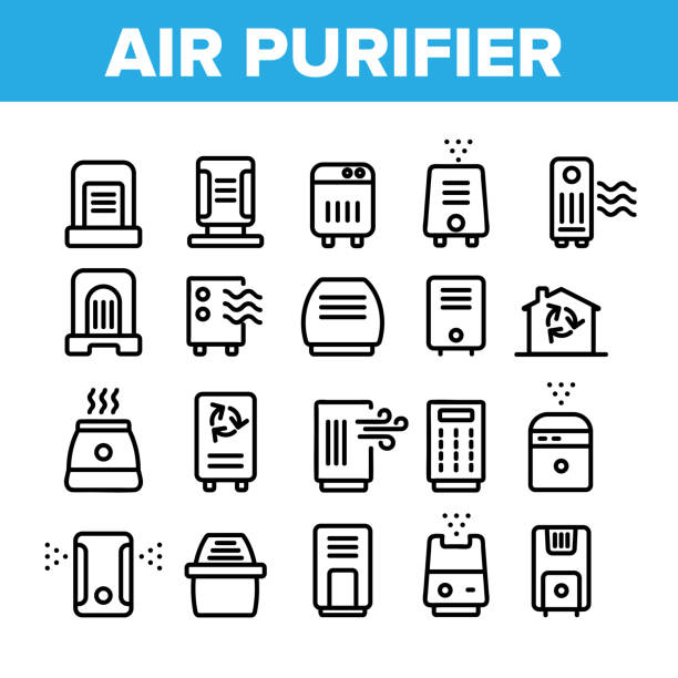 공기 청정기 장치 컬렉션 아이콘 세트 벡터 - air cleaner stock illustrations