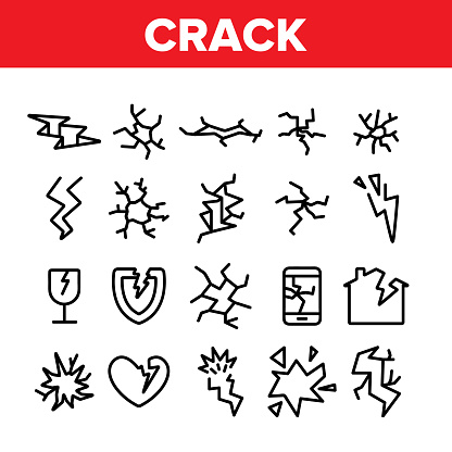 Crack Things Collection Elements Icons Set Vector Thin Line. Crack Glass And Window, Shield And Smartphone Display Screen, House And Heart Concept Linear Pictograms. Monochrome Contour Illustrations