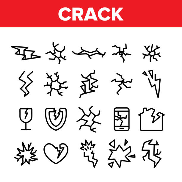 Crack Things Collection Elements Icons Set Vector Crack Things Collection Elements Icons Set Vector Thin Line. Crack Glass And Window, Shield And Smartphone Display Screen, House And Heart Concept Linear Pictograms. Monochrome Contour Illustrations demolished illustrations stock illustrations